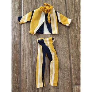 Vintage Barbie Doll Clothes Yellow Navy White Striped Knit Top and Leggings Set